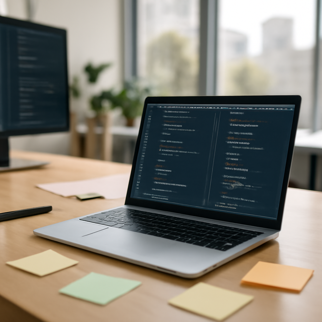 Developer workstation with laptop and notes in a bright, daytime office environment.