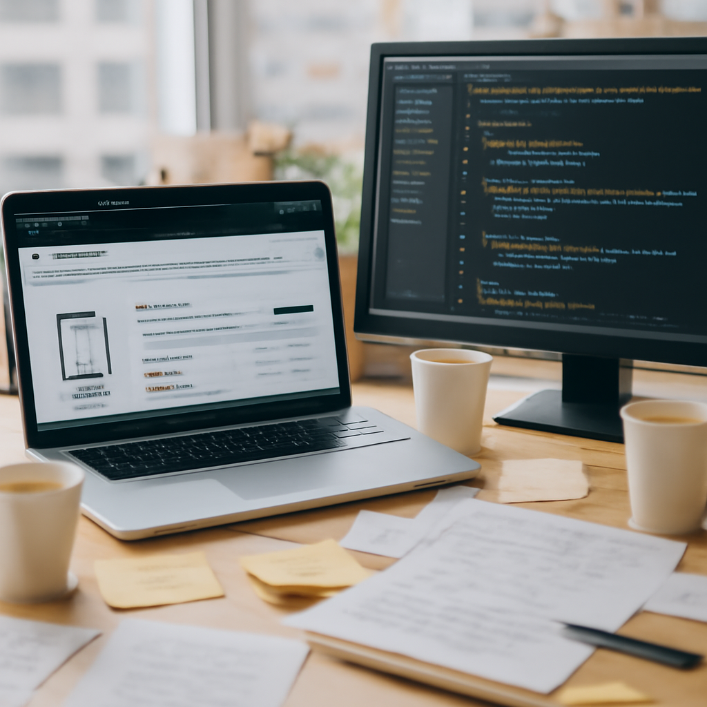 Cluttered software development workspace with laptop showing blurred GitHub page.