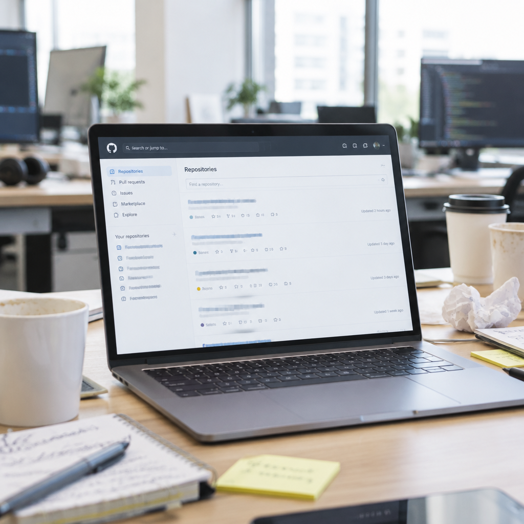 GitHub repository page on a laptop amidst a cluttered developer's desk with papers and coffee cups.