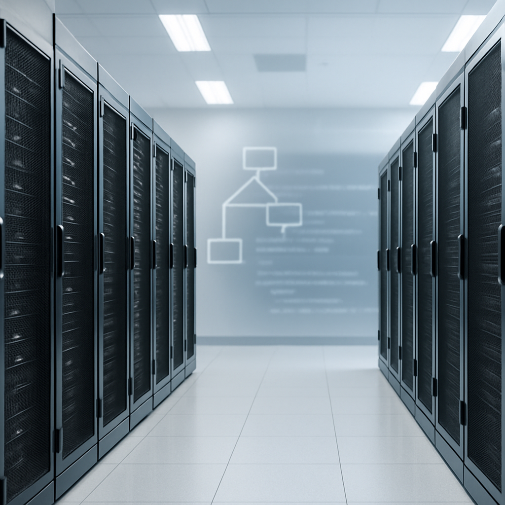 Rows of computer servers in a secure data center with subtle coding hints.