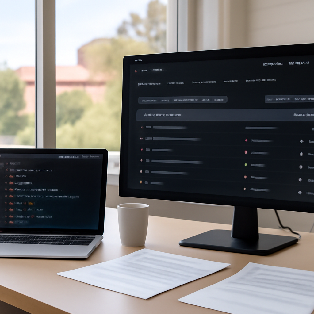 Software development workspace with laptop and monitor displaying Git repository interface.