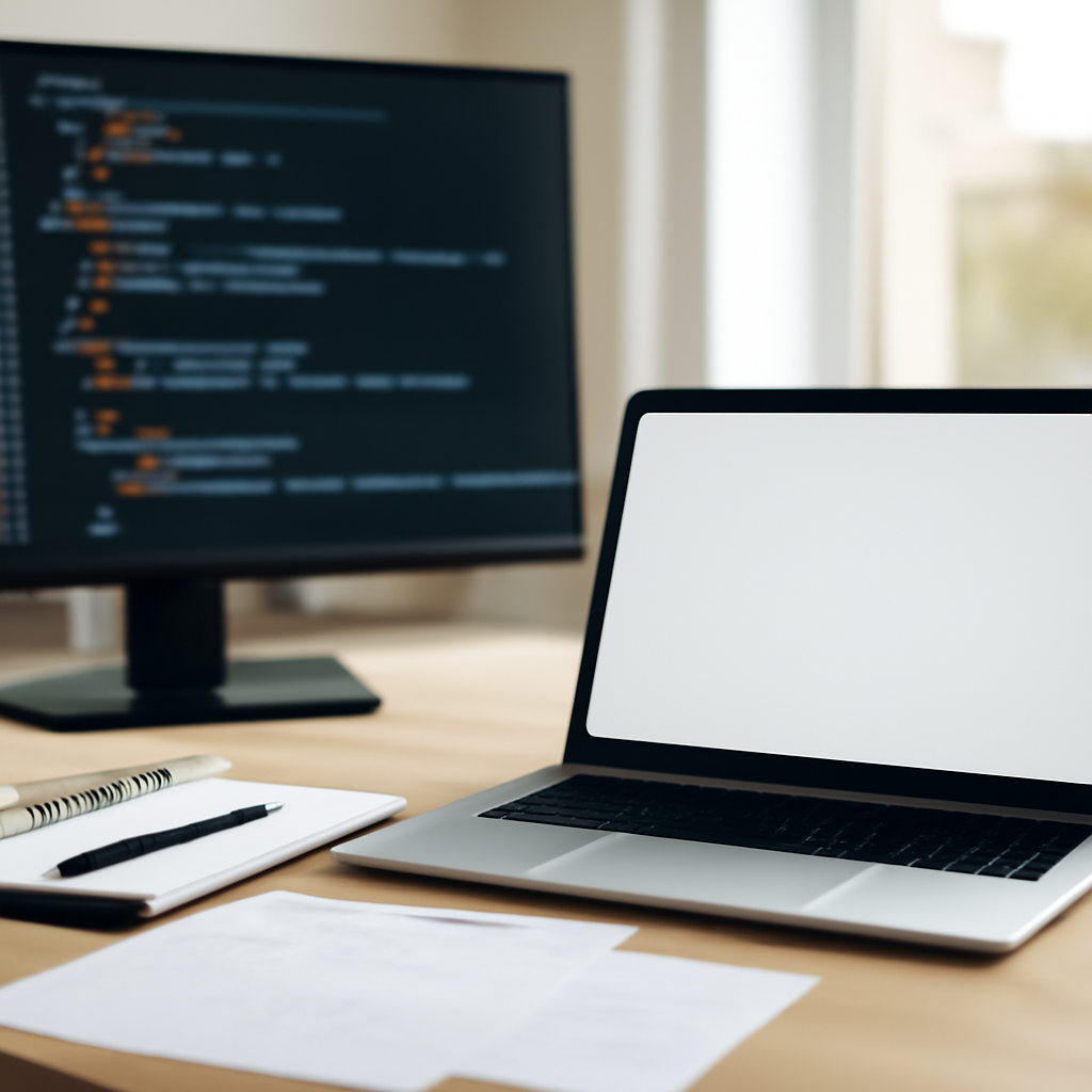 Software development workspace with laptop, notebook, and papers on a desk in front of a blurred coding environment and a…