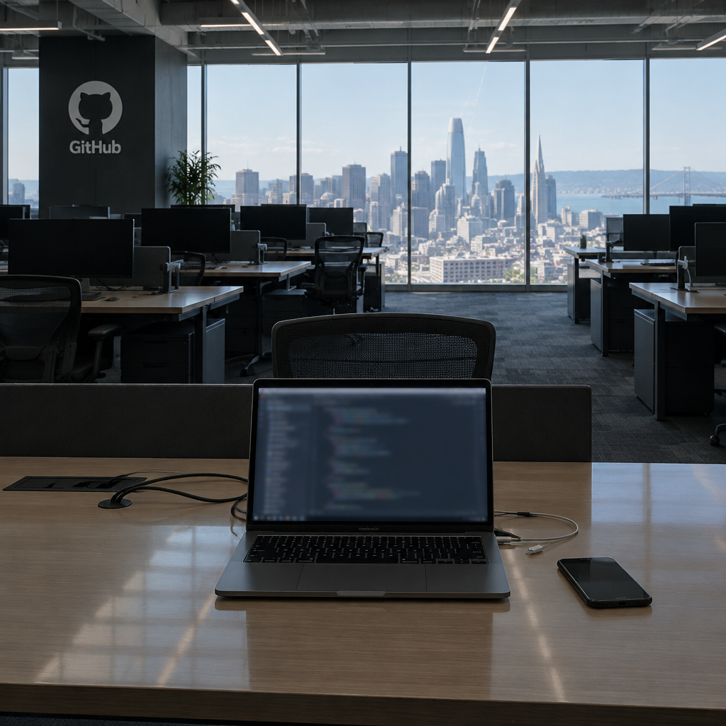 Empty tech office with city view, laptop on central workstation.