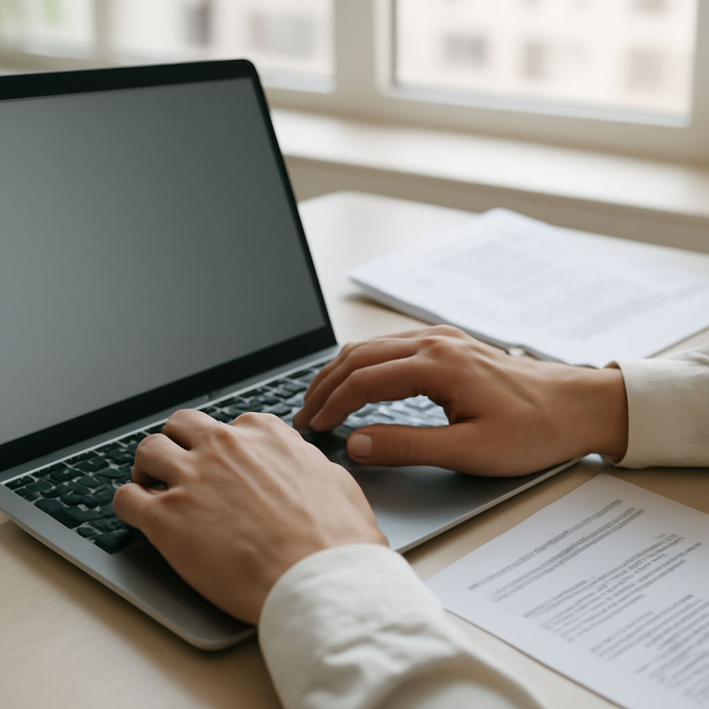 Person typing on laptop keyboard with blurred screen and natural light from a large window in the background.