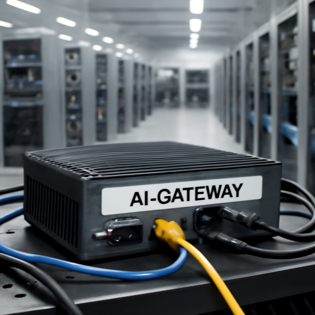 Brightly-lit server room interior with AI Gateway device centered.