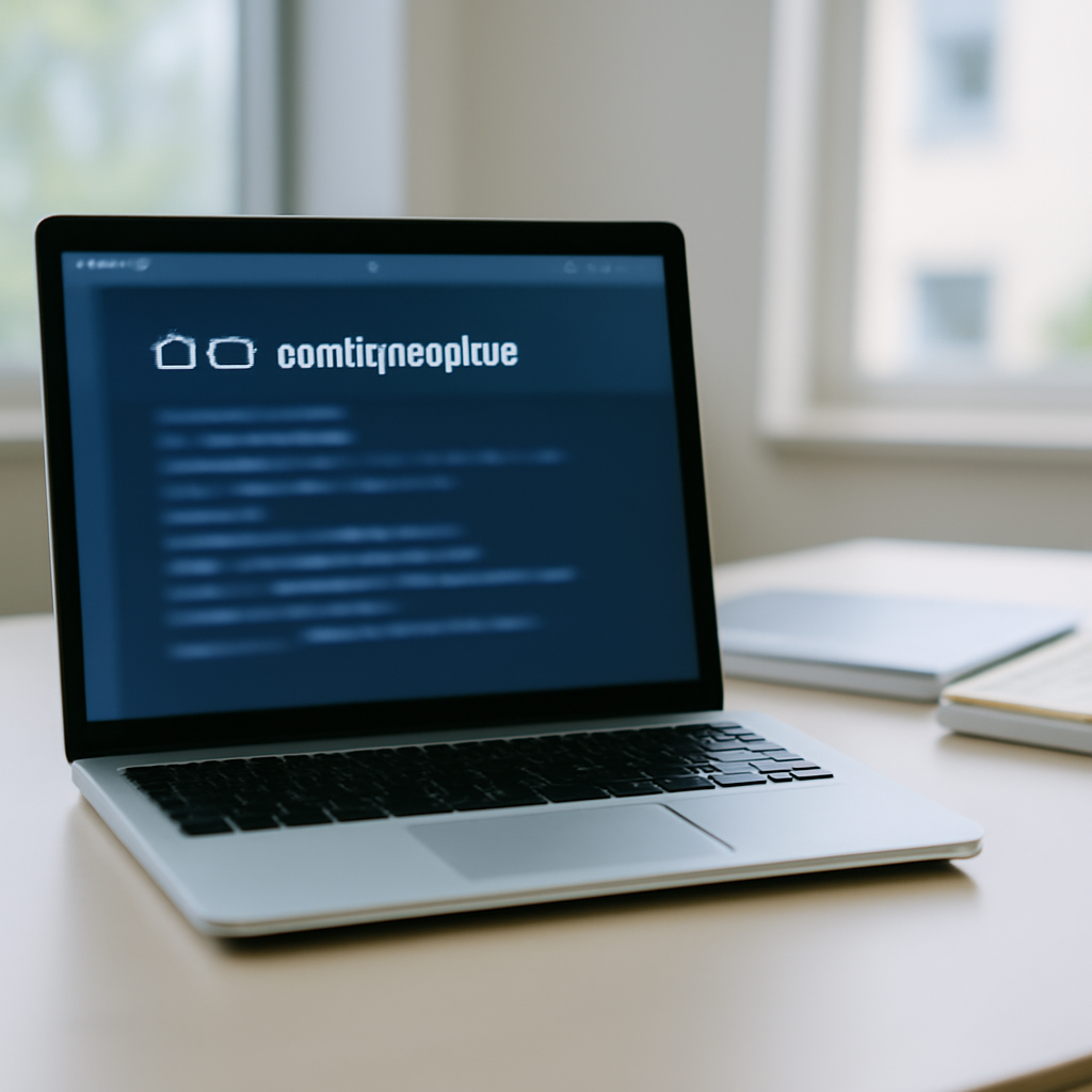 Developer workstation with laptop and technical manuals on a clean desk in a modern office with natural daylight.