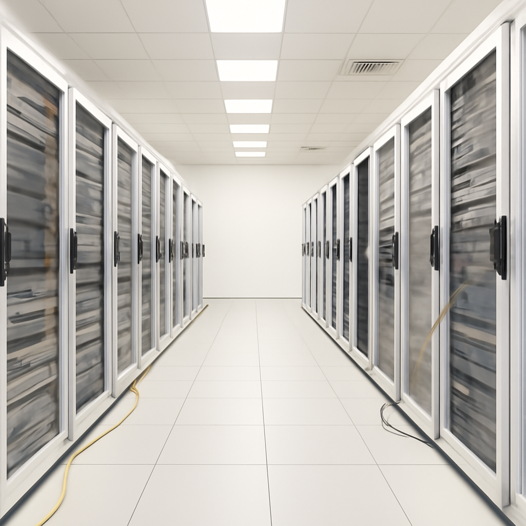 Rows of rack-mounted servers and storage devices in a brightly-lit server room.