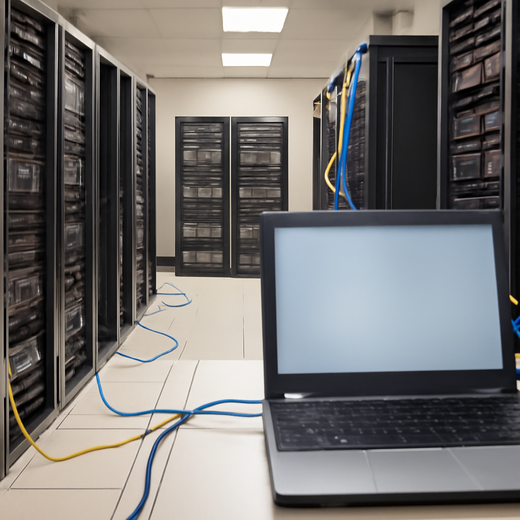 Rows of computer servers and storage equipment in a server room with visible cables and network connections.