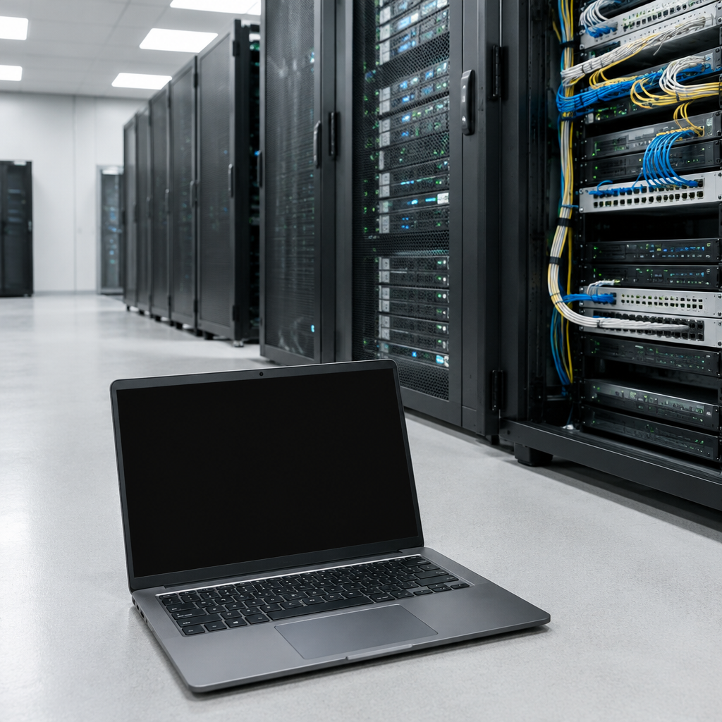 Rows of computer servers and networking equipment in a brightly-lit server room with a single laptop in the foreground.