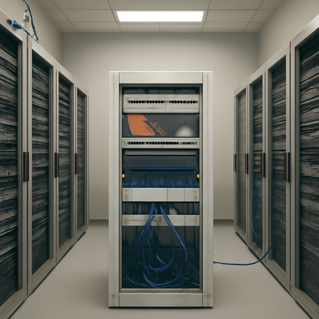 Server rack in a network operations room with rows of computer servers and equipment.