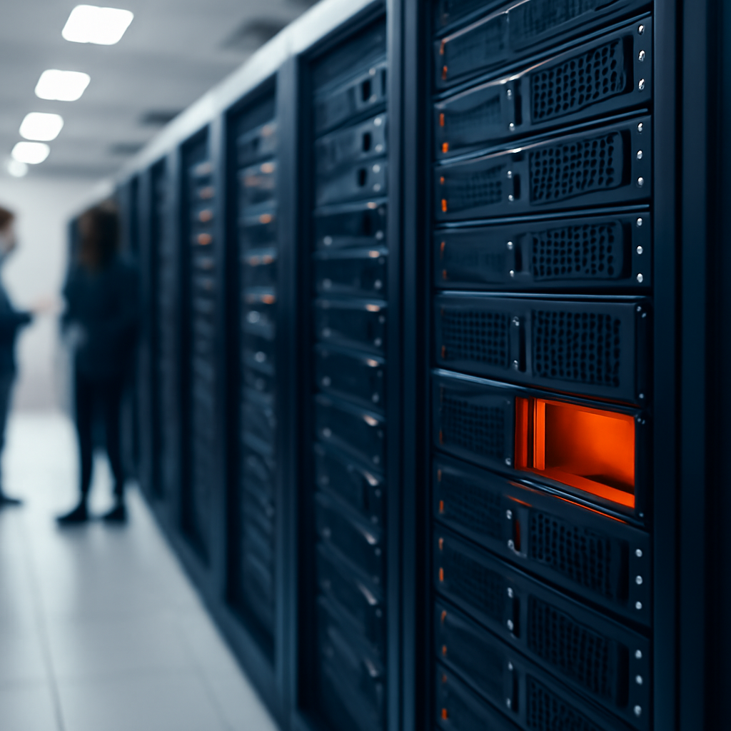 Rows of computer servers and storage equipment in a brightly-lit data center with technicians in the background and a…