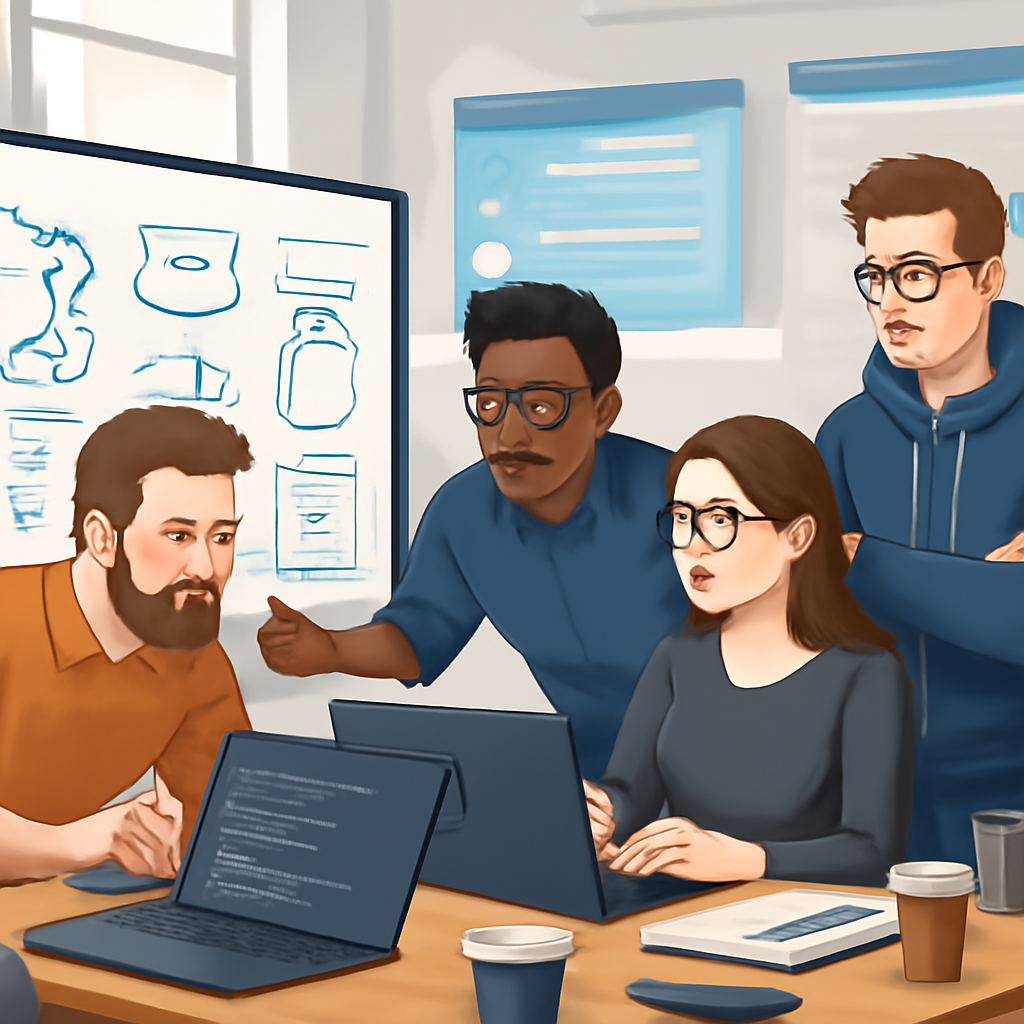 Developers gather around a large screen in a bright, open workspace surrounded by laptops and coding gear.