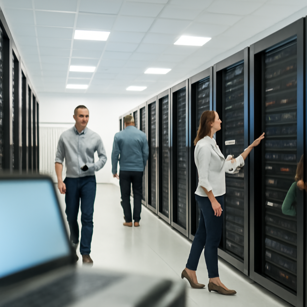 Technicians inspect rows of computer servers and networking equipment in a brightly-lit data center.