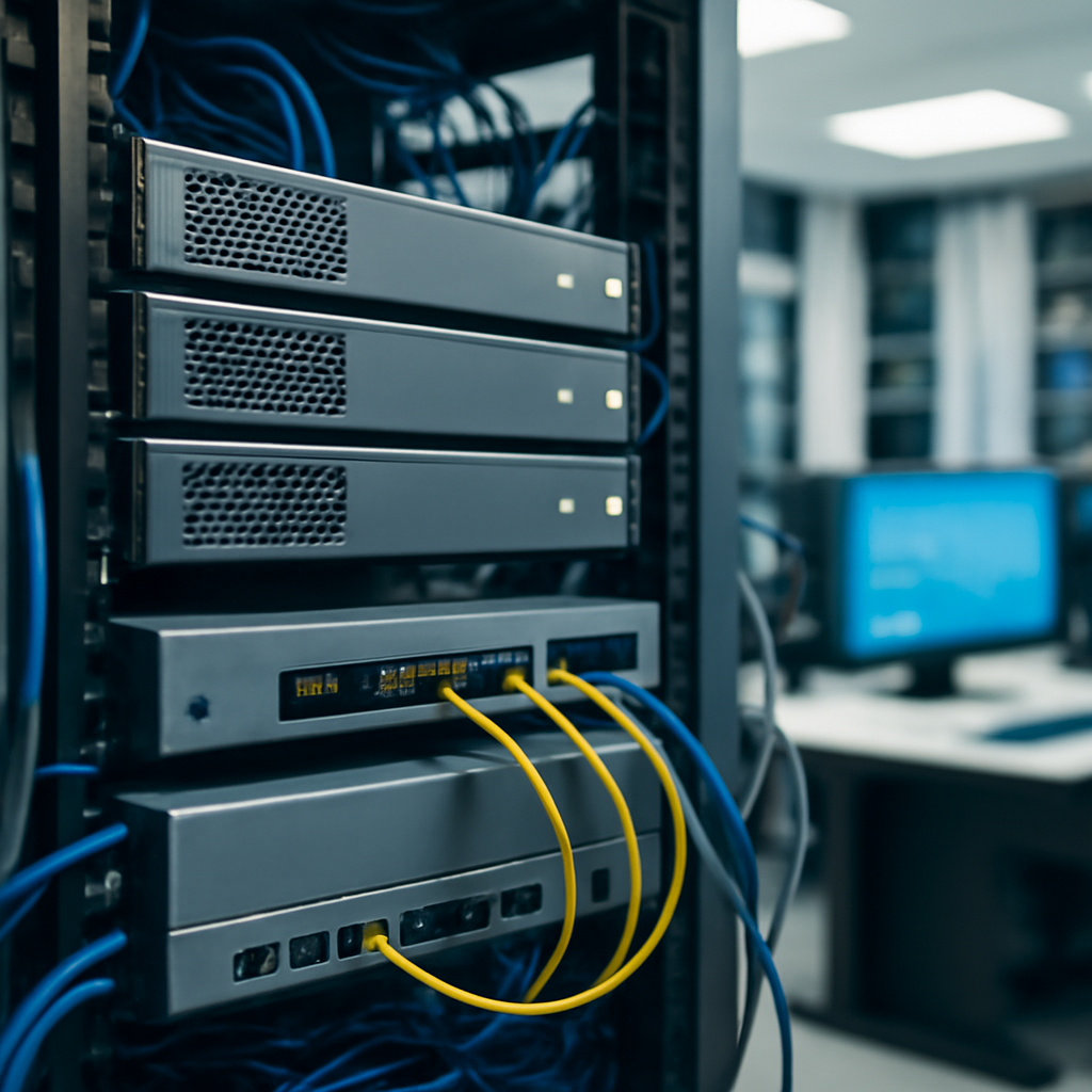 Modern server room with equipment racks, servers, and gateway device surrounded by cables and networking gear.