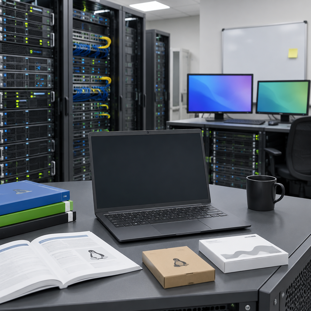 Rows of computer servers and networking equipment in a brightly-lit server room with a laptop in the foreground.