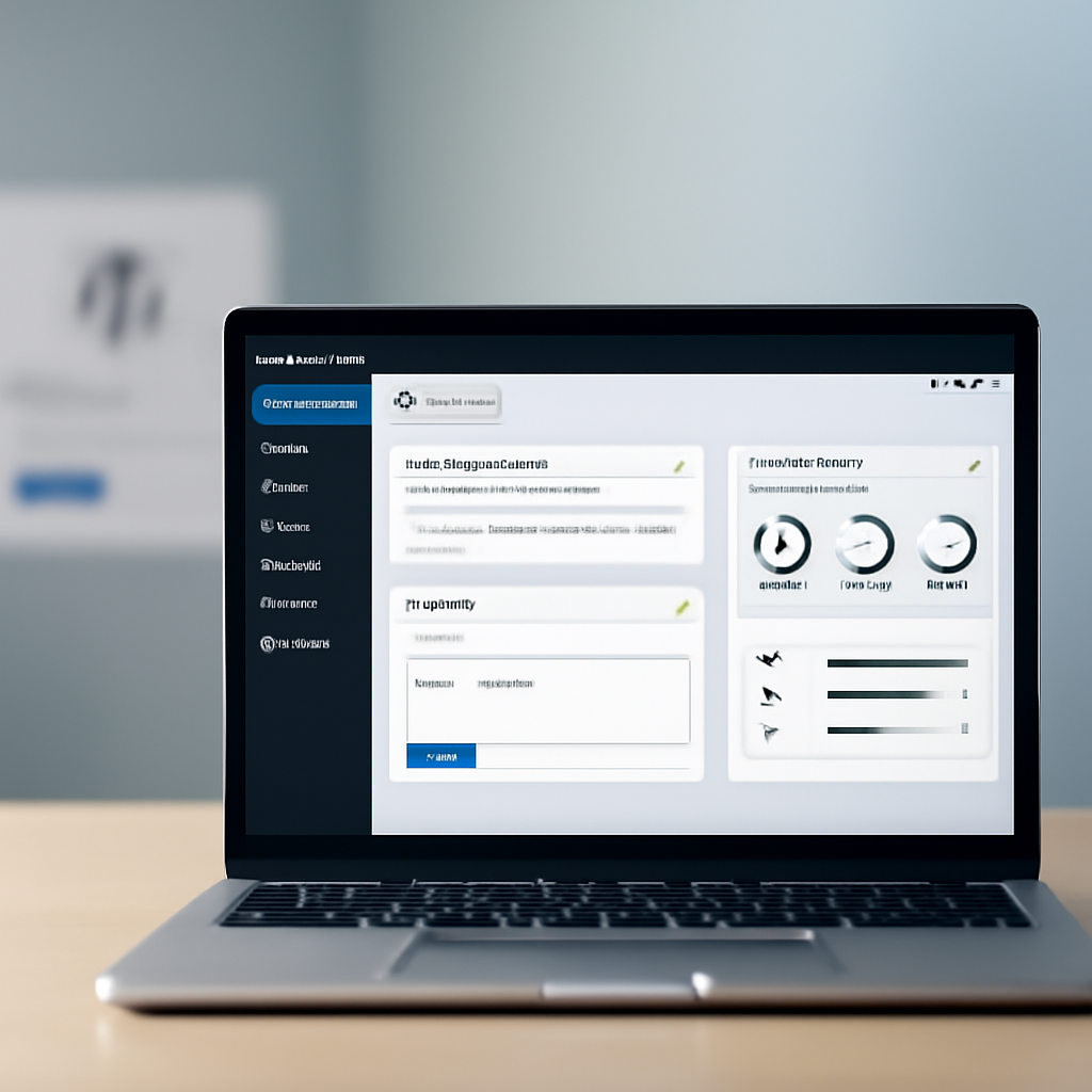 WordPress website backend on a laptop screen in a neutral office setting.