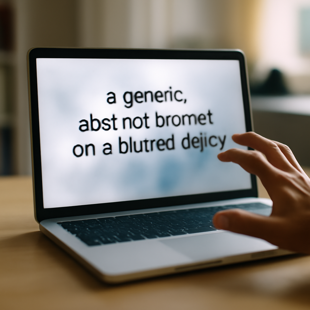 Cautious hand approaches laptop with blurred screen in neutral workspace.
