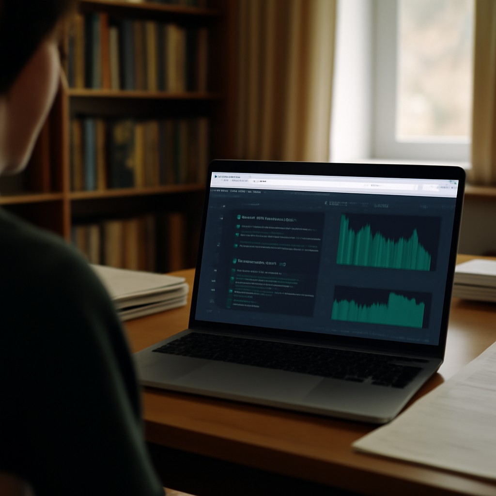 Person working on laptop with code and data visualizations on screen.