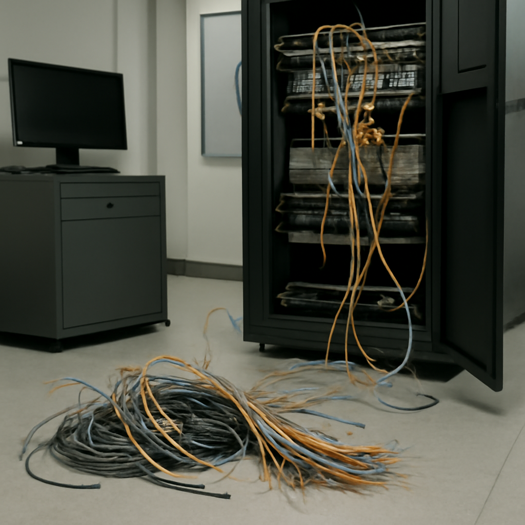 Tangled fiber optic cables in a data center, disrupted and severed.