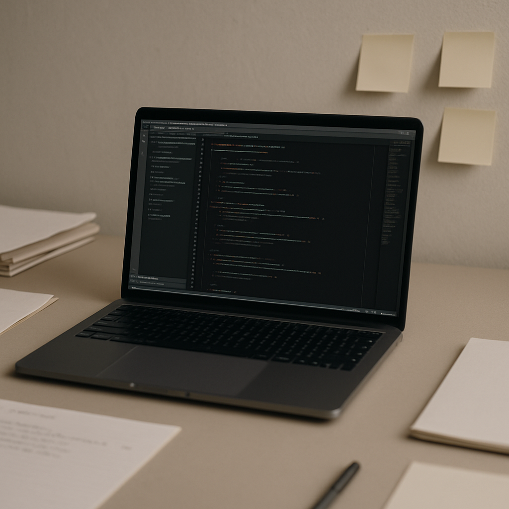 Laptop screen displays code editor surrounded by papers and notes on a simple desk.