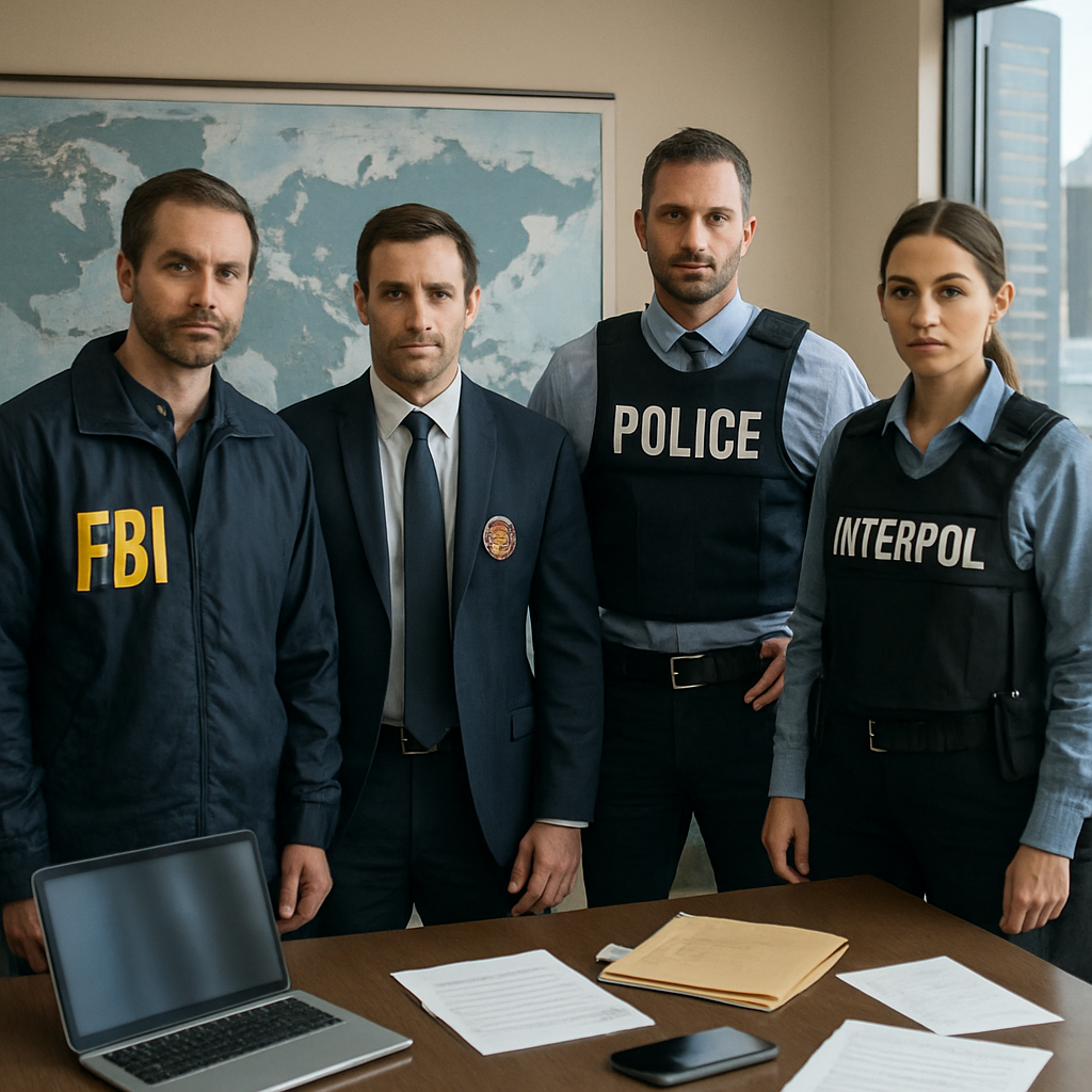 Law enforcement officers from multiple countries stand united in a daytime scene, conveying authority and cooperation in a…