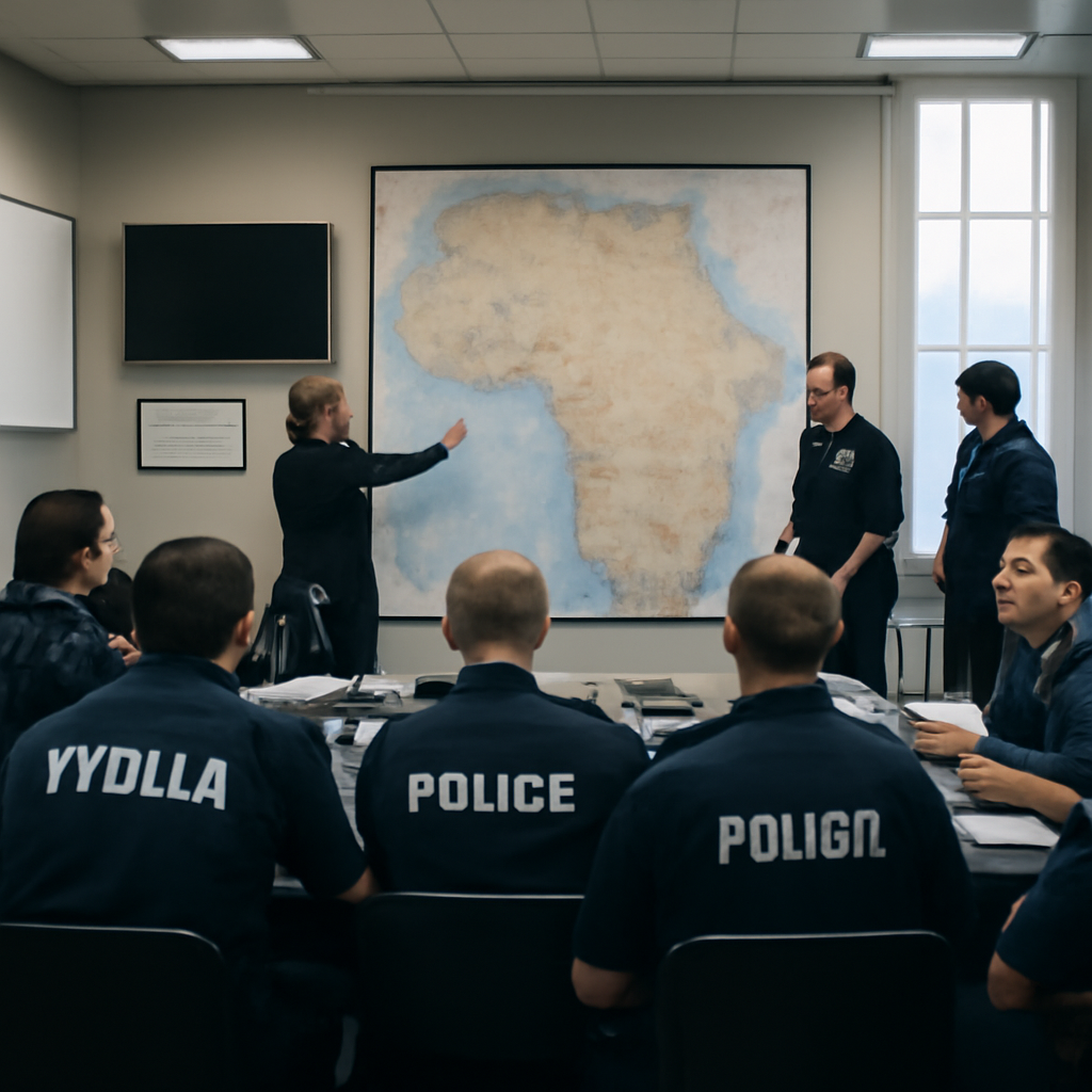 Law enforcement officers from various countries gather around a table in a briefing room with a large map of West Africa on…