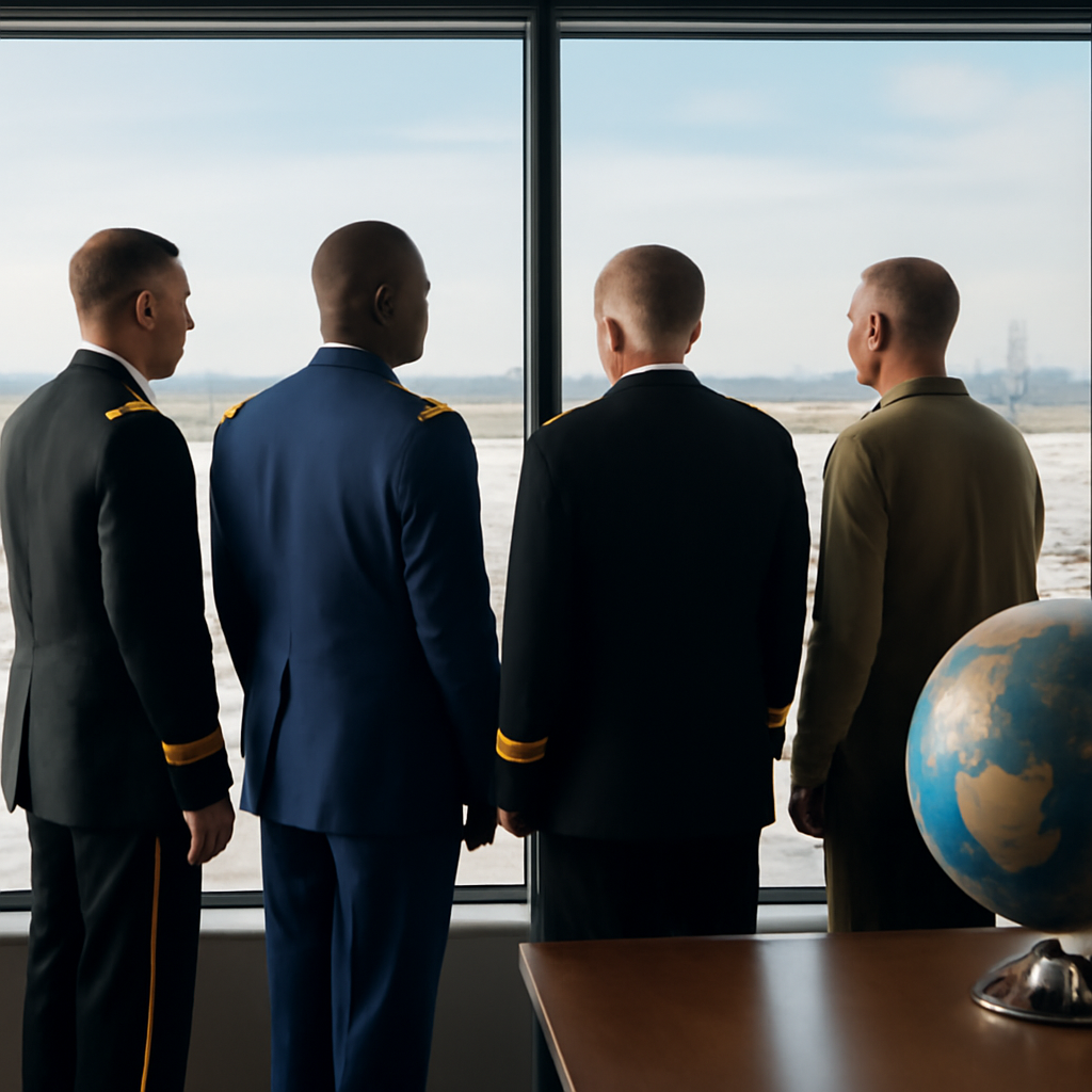 Military leaders stand united, looking out at a cityscape, conveying global cooperation.