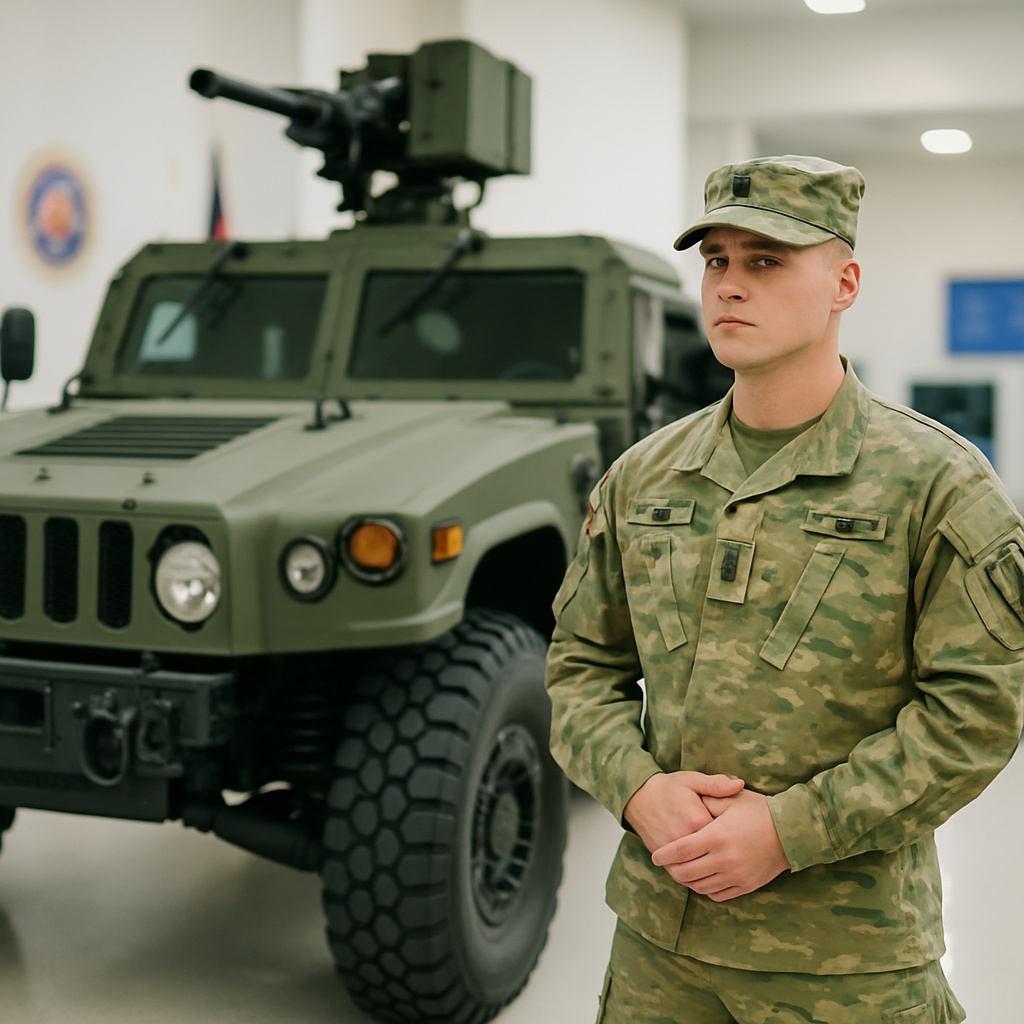 Military personnel standing in front of a defense vehicle on a sunny day.