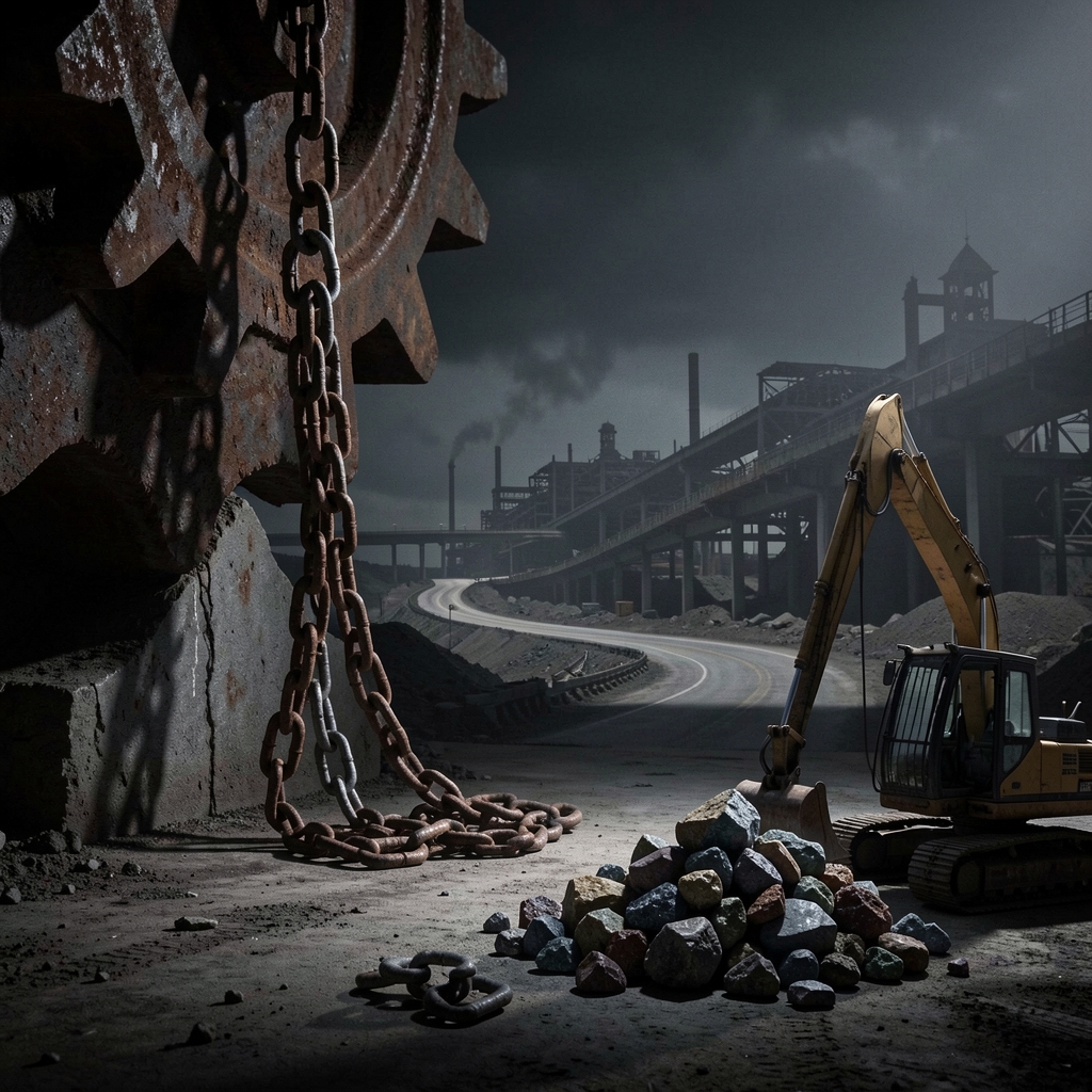 Broken chain hangs from rusty gear with scattered links and mineral rocks nearby.