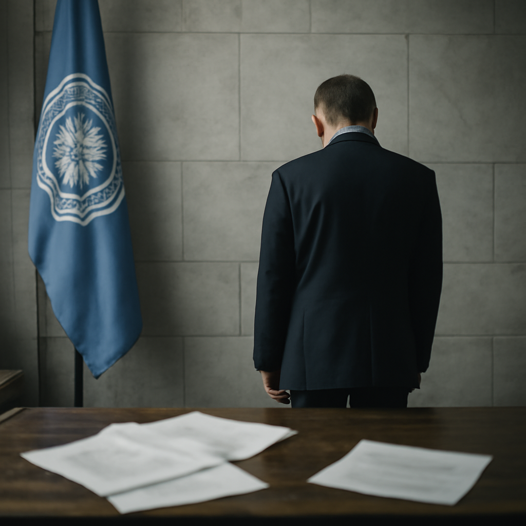A lone diplomat stands before a large, empty stone wall in a formal setting, surrounded by scattered documents.