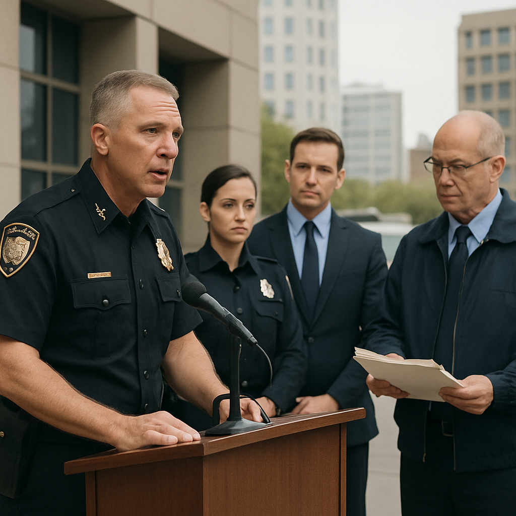 Law enforcement officials gather in a briefing room with a cityscape backdrop.
