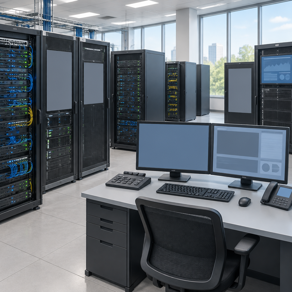 Server room interior with rows of computer servers and networking equipment.