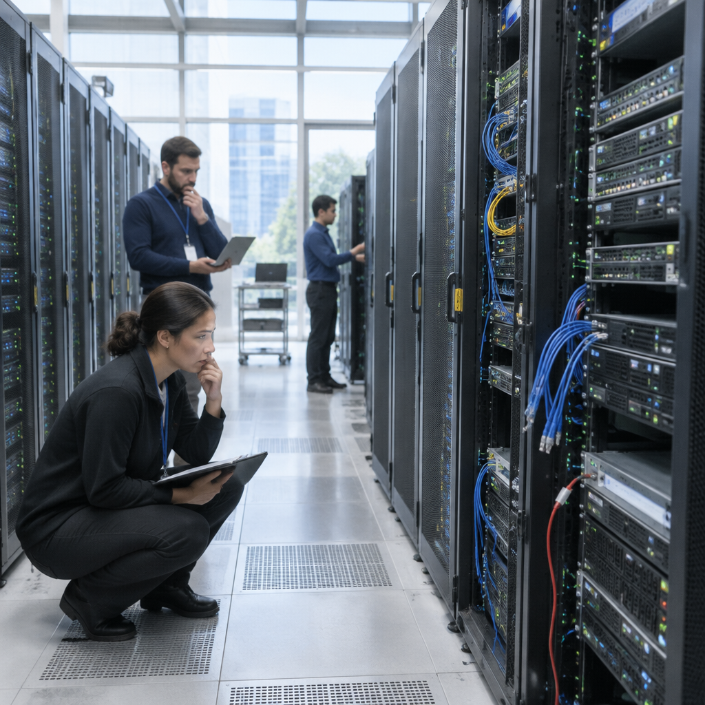 Server room with technicians inspecting equipment, blinking lights and disconnected cables indicating potential security…