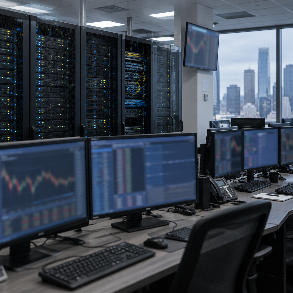 Financial trading screens and terminals in a server room with rows of computer equipment.