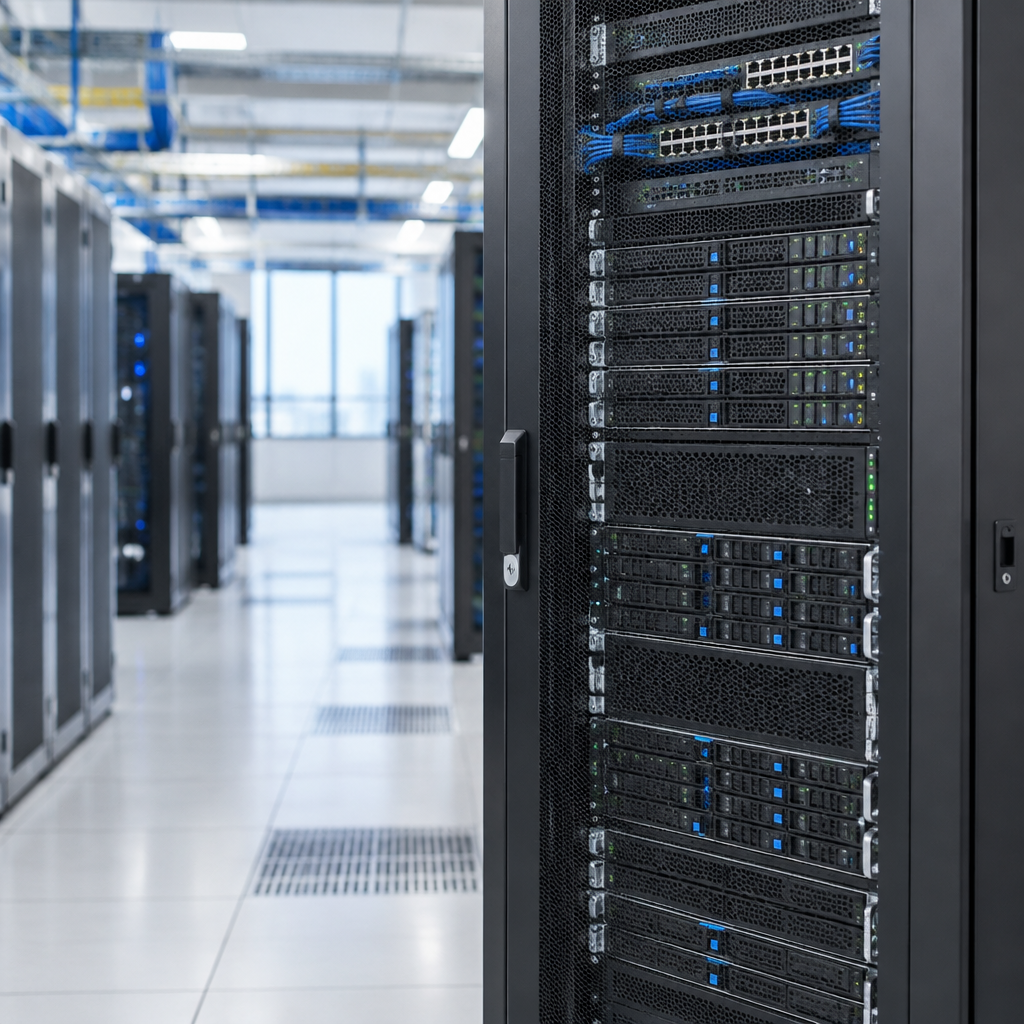Rows of computer servers and networking equipment in a brightly-lit data center, with one server rack in sharp focus.