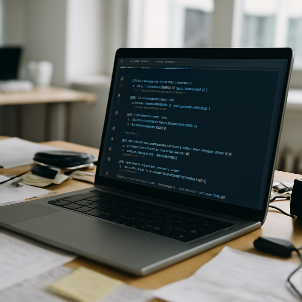 Close-up of a cluttered software development workstation with code on a laptop screen.