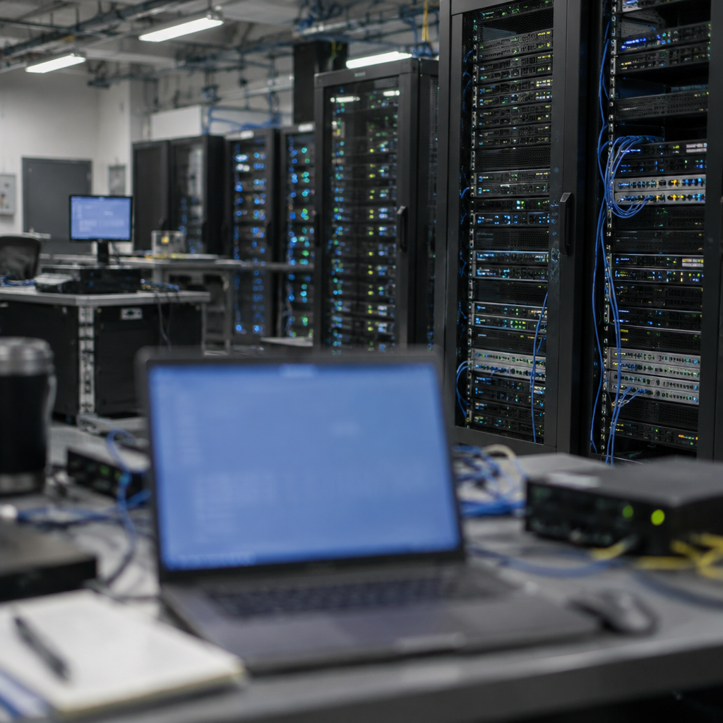 Dimly lit computer room with rows of servers and a cluttered workstation in the foreground.