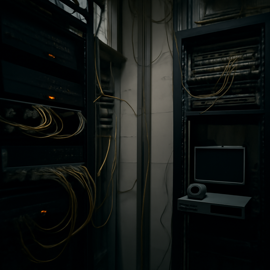 Rack-mounted equipment and cables fill a dimly lit server room with rows of patch panels.