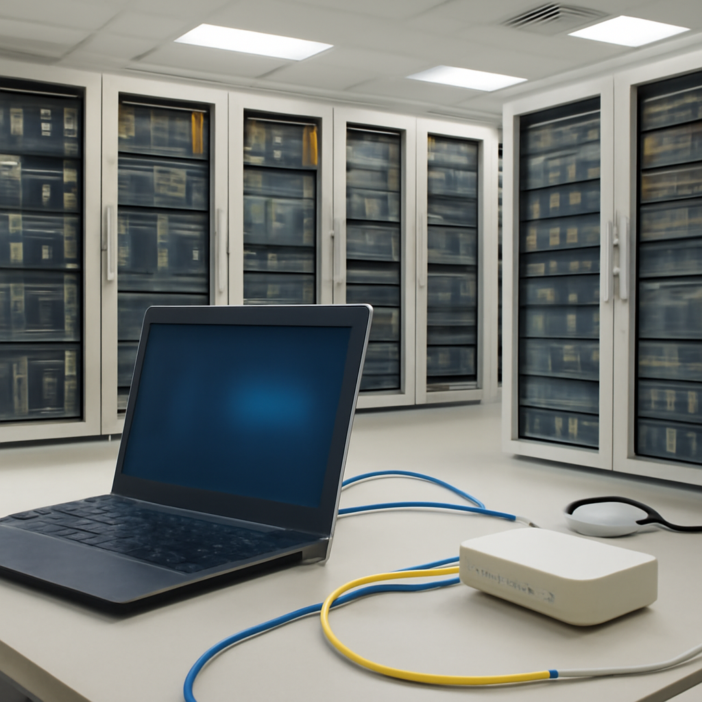 Technician's workspace with laptop and cables, surrounded by rows of computer servers and networking equipment.