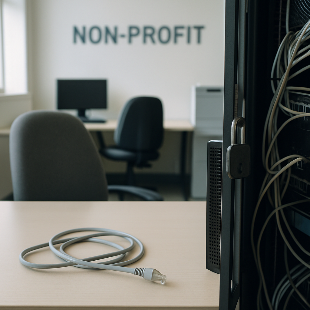 Non-profit office workspace with computer workstation hinting at digital vulnerability.
