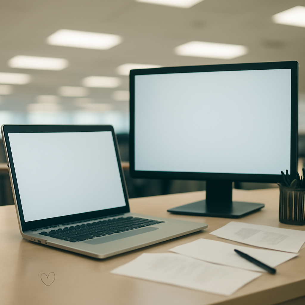 Cluttered office desk with laptop, monitor, and papers, in a large room with fluorescent lighting.