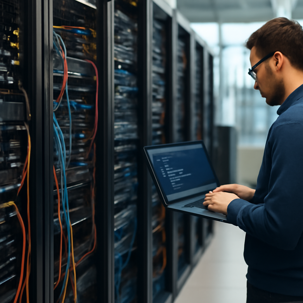 Rows of computer servers and racks in a server room with a researcher in the background.