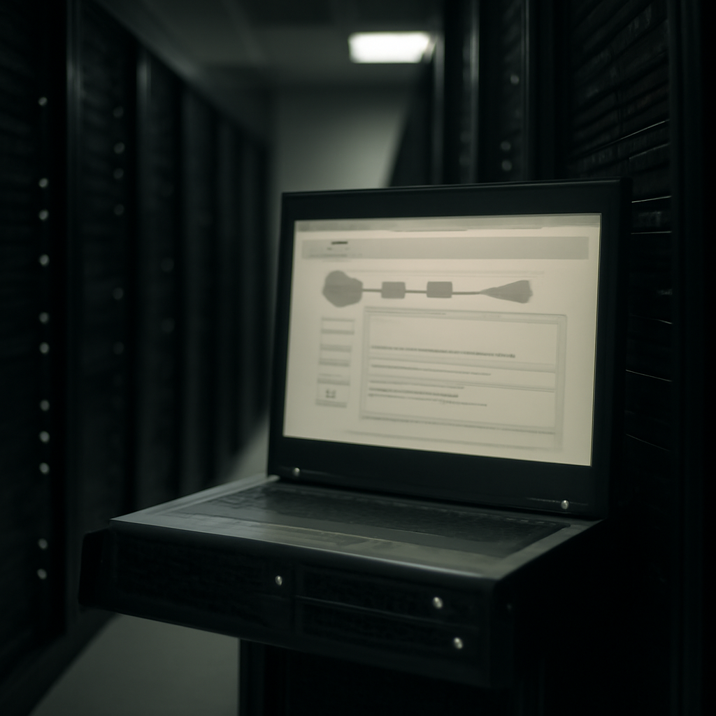 Server room with rows of equipment, one server prominently displayed in foreground.