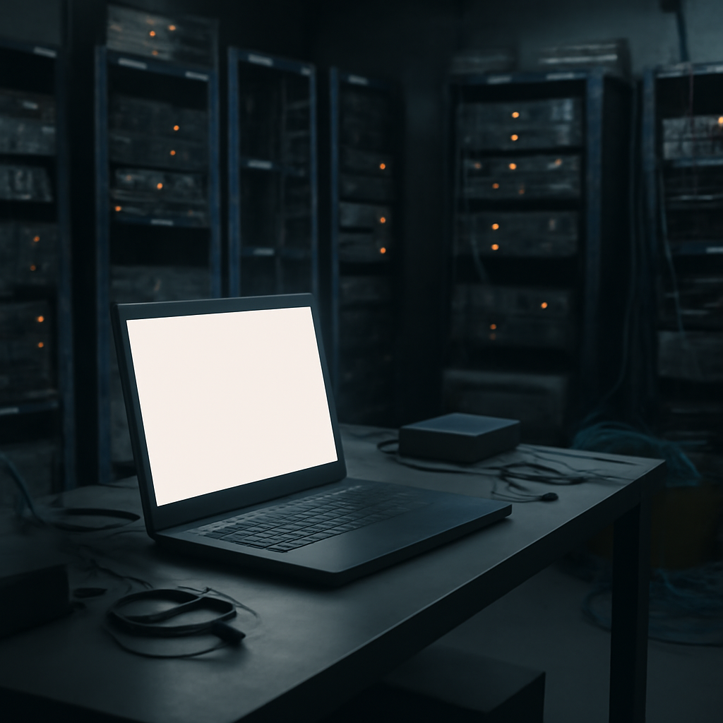 Dimly lit server room with rows of equipment and a single bright laptop in the foreground.