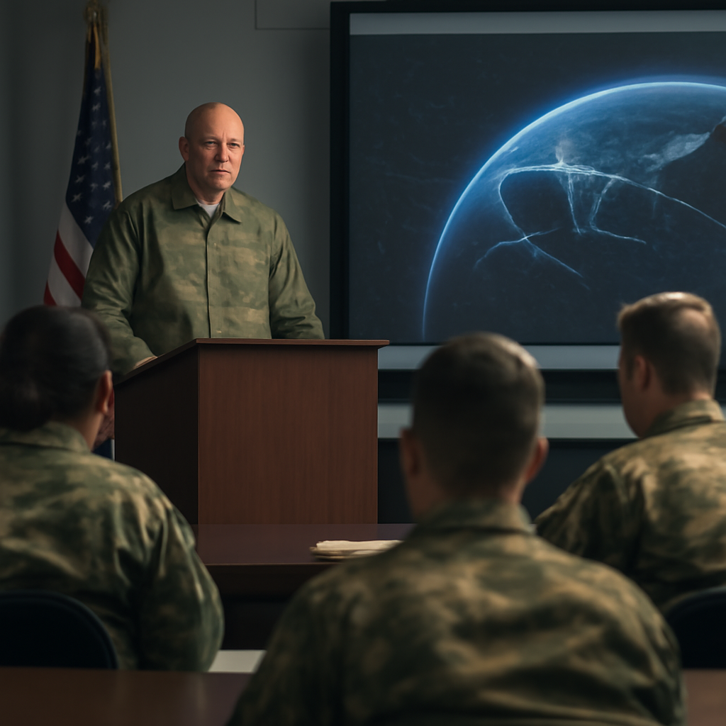 Military personnel gather around a conference table with a presentation screen at the front.