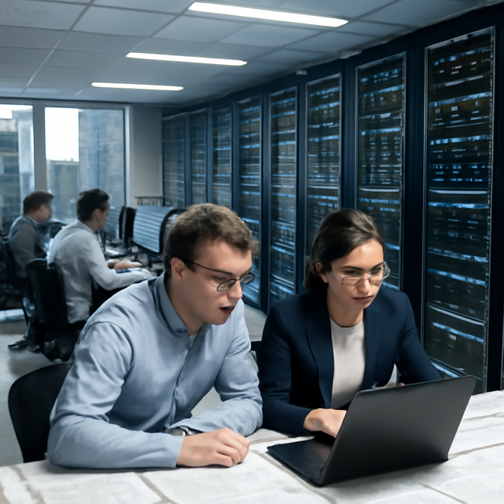 Security analysts examine a laptop screen in a brightly-lit security operations center with rows of computer servers in the…