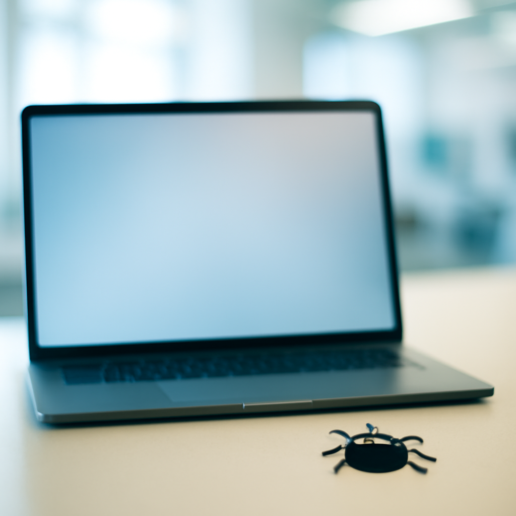 Laptop screen on a clean desk with a blurred background, indicating activity with a subtle gradient effect.