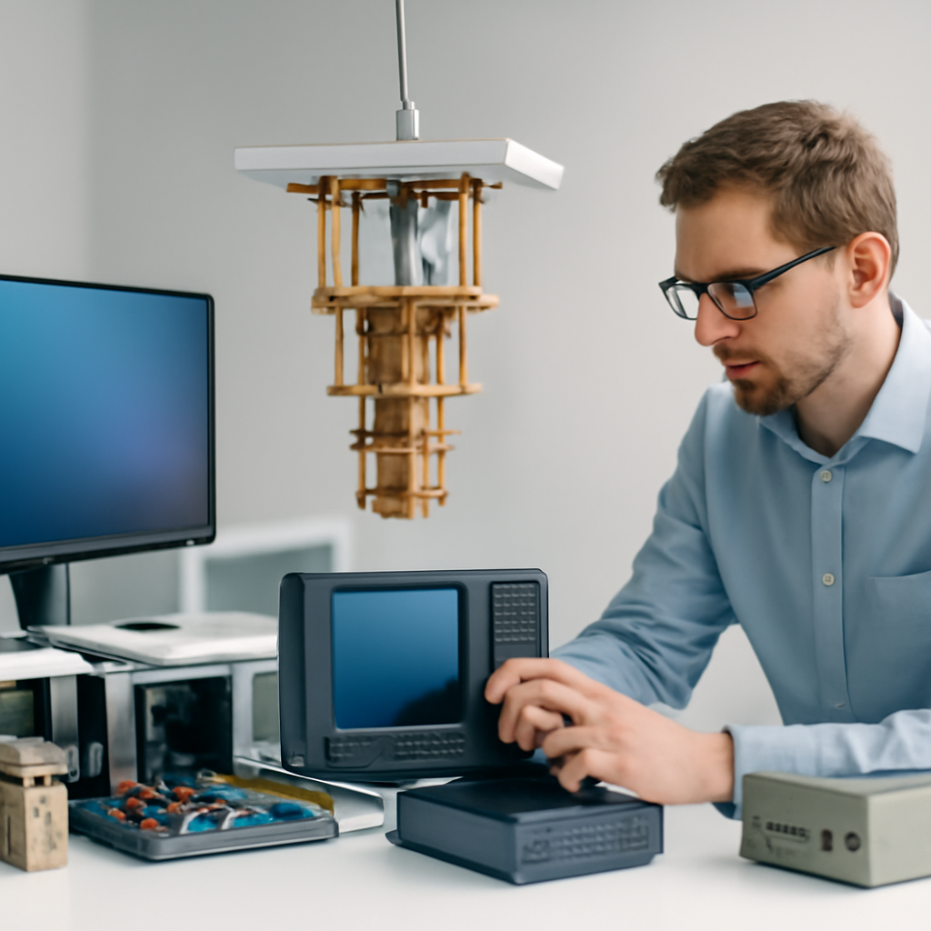 Cryptographic researcher working with quantum computing and cryptography equipment at a modern lab bench.