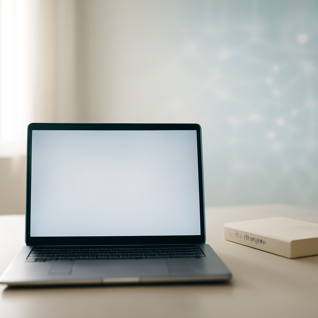 Laptop on a clean surface with a blank screen and coding materials nearby.