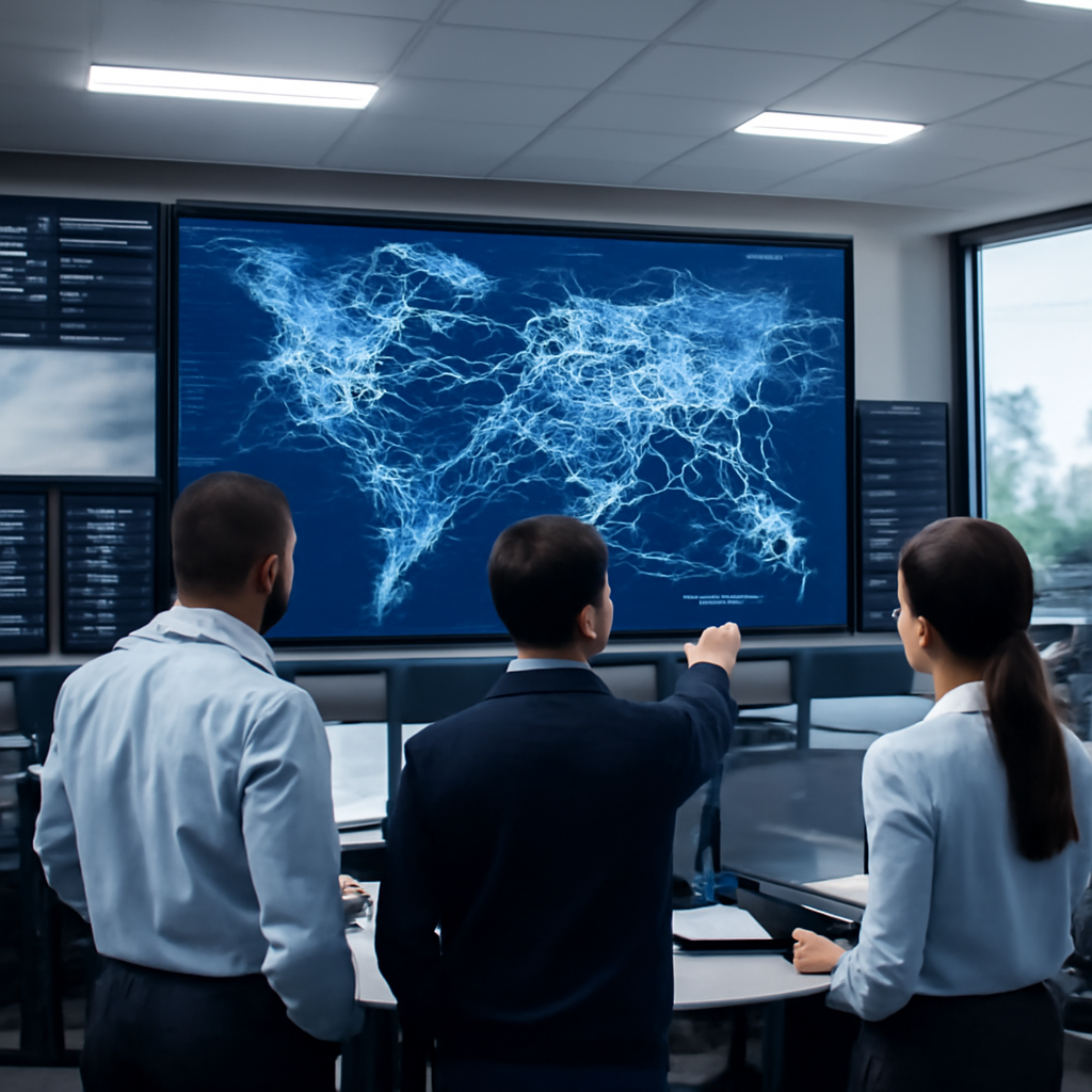 Technicians investigate a large screen displaying a map of the internet in a network operations center with rows of servers…